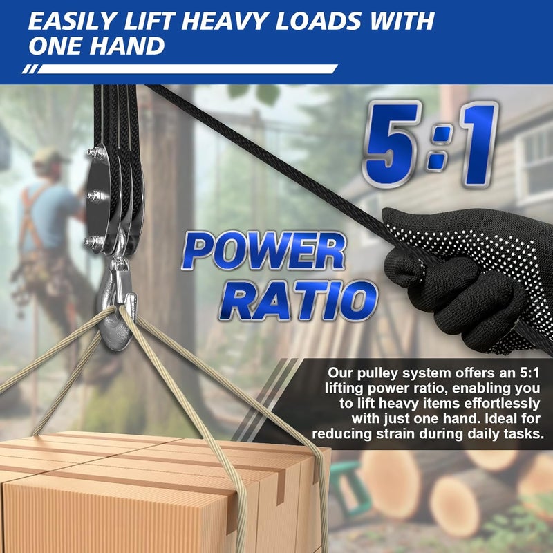 SALIFTFE Block and Tackle Pulley System, Upgraded 3-Wheel Rope Pulley Hoist, 5:1 Lifting Power, 1100LB Work Load with 55Ft of 1/4" Rope, Ultra-Compact Rope Hoist for Garage, Hunting, and Heavy Lifting - Image 2